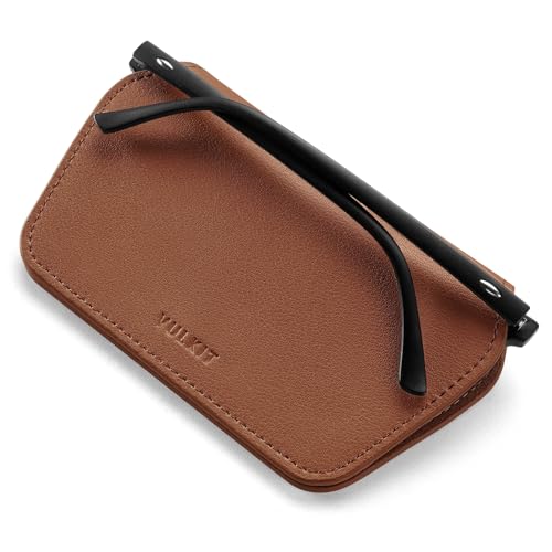 VULKIT Leather Glasses Case, Ultra Slim Sunglasses Case, Two Fixed Modes, Fits Most Eyeglasses & Sun Glasses - color: Mocha Tan