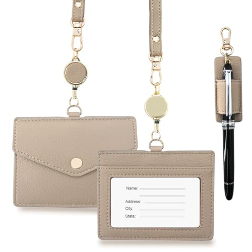 Office Badge Holder - Boshiho Genuine Leather Credit ID Card Holder with Stretch Neck Lanyard and Pen Clip, Gift Box (Horizontal-Light Brown) - color: Horizontal-light Brown