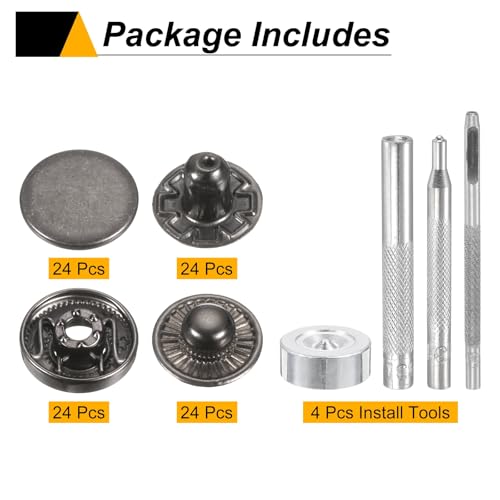 HARFINGTON 24Set Leather Snaps Fasteners Kit 17mm Dia Brass Press-Stud Cap Button 2.76" Length Metal Snap Buttons with 4 Install Tools for Coat Bag Leather Marine Boat Canvas, Gun - color: Gun, size: 17mm