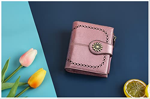 Womens Leather Wallet Small Compact RFID Blocking Credit Card Case Purse with Zipper Pocket | Small - color: Rose Gold