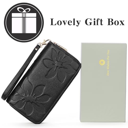 GOIACII Women's Wallet RFID Blocking Leather Wristlet | 2 Zip Around, Large Capacity, Credit Card Holder, Ladies Phone Clutch Purse - color: A01 Black