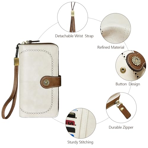 TFKGS Wallet for Women RFID Blocking Leather Large Capacity Card Holder Ladies Phone Clutch Travel Long Purse Wristlet | RFID Blocking - color: 1-Beige＆Brown