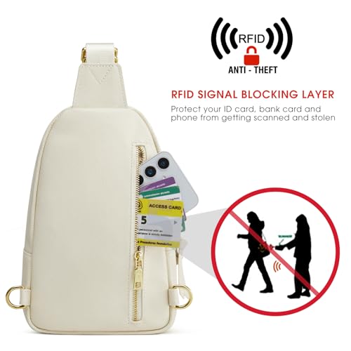 Kattee Sling Bag for Women, Leather Crossbody Bags for Travel, Beige. | Top grain pebbled cowhide leather fanny pack crossbody purse. Small chest bag with RFID blocking for travel. - color: Beige
