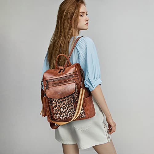 Backpack Purse for Women Fashion Leather Backpack Purse Designer Travel Backpack Convertible Shoulder Bag with Wristlet - color: 1-9 Brown With Leopard
