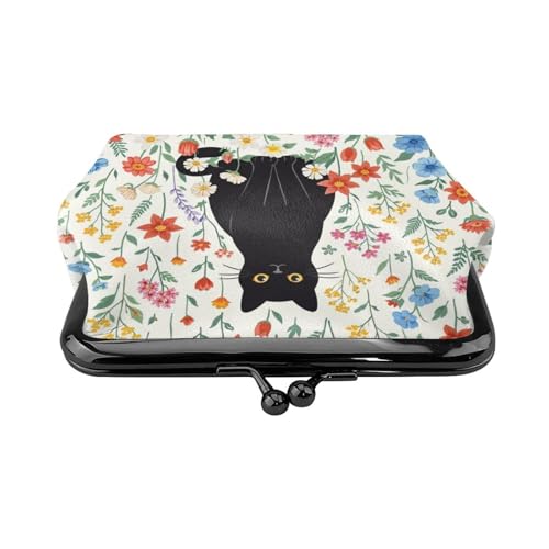 Kiss-lock Coin Purse for Women Change Purses Cute Small Coin Pouch Tiny Coin Wallet (Black Cat and Flower) - color: Black Cat and Flower