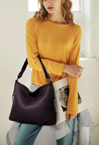 YALUXE Women's Real Leather Shoulder Bags Hobo Handbags Purse Crossbody Bag - color: Dark Purple