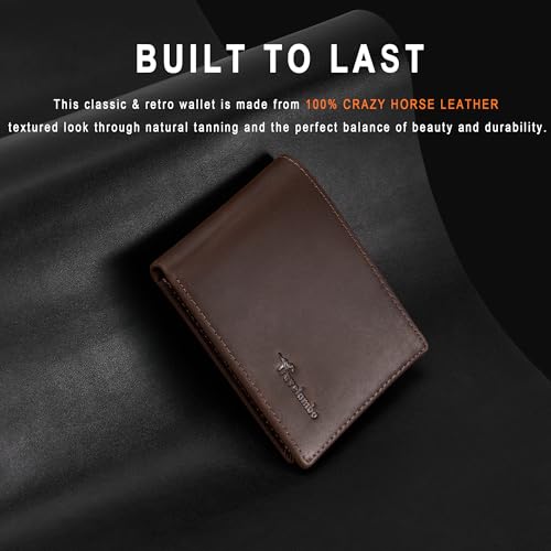 Travelambo Genuine Leather Wallet for Men with Gift Box - Handmade Bifold Stylish - Mens Wallets Rfid Blocking with 2 ID Windows - color: Craze Horse Brown