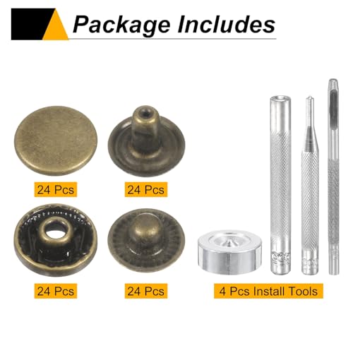HARFINGTON 24Set Leather Snaps Fasteners Kit 10mm Dia Brass Press-Stud Cap Button 2.76" Length Metal Snap Buttons with 4 Install Tools for Coat Bag Leather Marine Boat Canvas, Bronze - color: Bronze