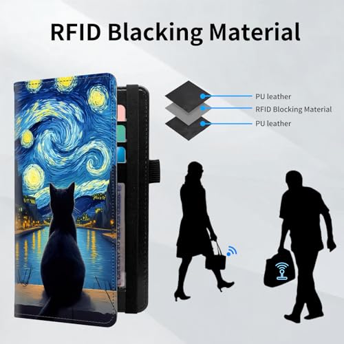 Checkbook Cover for Women and Men, RFID Blocking PU Leather Checkbook Holder Wallet Case with Elastic Strap & Multiple Card Slots, for Checks and Cards, Starry Night Cat - color: Starry Night Cat
