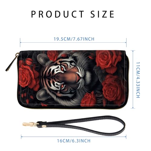 Women's RFID Blocking Zip Around Wallet with Detachable Wrist Strap – Large Capacity Leather Clutch Purse for Travel & Daily Use,Tiger Rose Flowers - color: Tiger Rose Flowers, size: Wallet-A