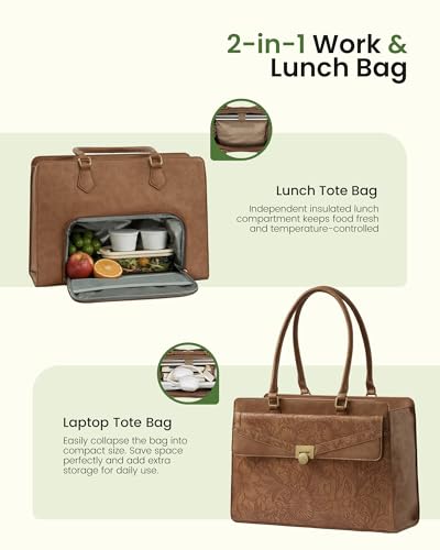 LOVEVOOK Laptop Tote Bag for Women, PU Leather Work Bag, Teacher Tote - color: Black Embossed, size: 15.6 inch-with lunch compartment