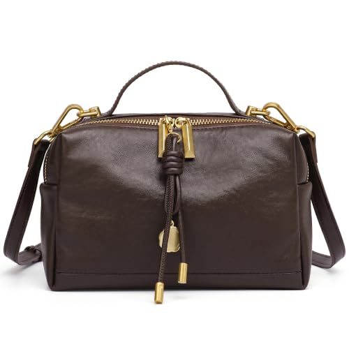 Genuine Leather Shoulder Bag for Women Small Top Handle Bag Crossbody Purse | Smooth Double Zipper Detachable Adjustable Strap Gold-Tone Hardware and Organized Three-Compartment Interior - color: Coffee