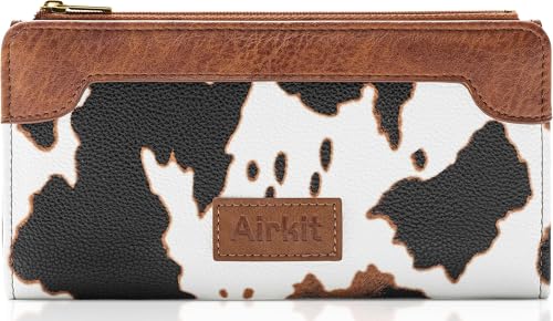 Airkit Cow Print Wallets for Women Bifold Credit Card Holder, Rfid Blocking, ID Window, Western Slim Wallet with Zipper Coin Pocket for Ladies, Cow Brown - color: Cow Brown
