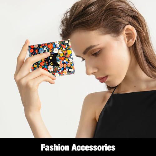 Rouidr Womens Wallet, RFID Small Slim Wallet for Women, Cute Bifold Leather Pocket Credit Card Holder Ladies Mini Purse with Zipper Coin Pocket & ID Window, Colorful Flowers Cat - color: Colorful Flowers Cat