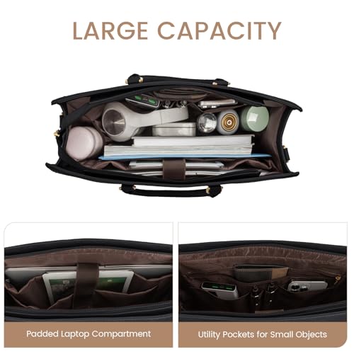 LOVEVOOK Laptop Bag for Women 15.6 Inch Laptop Tote Bag Vintage Leather Work Bags for Women Professional Computer bag | Two-piece set - color: Black, size: 15.6 inch