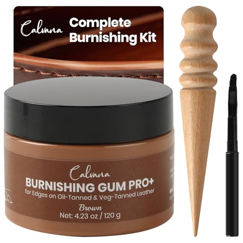 Calvana Brown Burnishing Gum 4.23 oz, Includes Ebony Edge Burnisher and Applicator Brush, for Edges on Oil-Tanned & Veg-Tanned Leather, Burnishing & Polishing, Water-Based - color: Brown