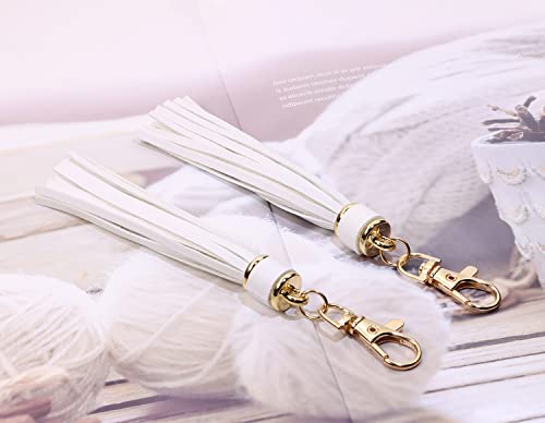 Penta Angel 2Pcs 5.9'' Large PU Leather Tassel with Lobster Swivel Keychain Pendant for Handbag Backpack Jewelry Making (White) - color: White