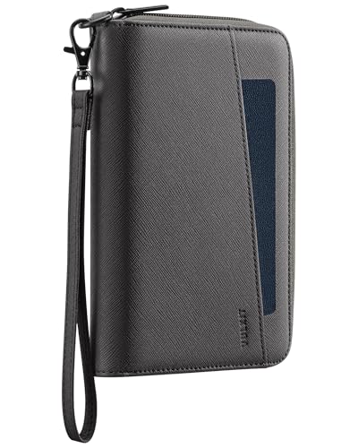 VULKIT Leather Passport Wallet RFID Blocking with Wrist Strap, Travel Document Organizer - 6 Credit Card Slots, 2 Interior + 2 Exterior Passport Slots, 2 ID Windows, Zipper Closure, Grey - color: Grey