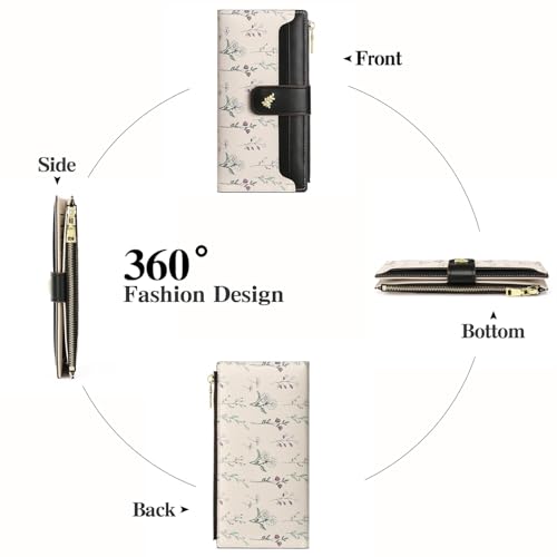 GAEKEAO Womens Wallet Slim Thin RFID Blocking Floral Vegan Leather Card Holder Bifold Long Ladies Wallet with Zipper Pocket - color: Black
