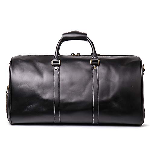 Leather Travel Duffel Bag, Classic Leather Weekend Bag Mens Gift Overnight Retro Sport Gym Carry on Luggage YKK Zipper (Black Oil) - color: Black Oil