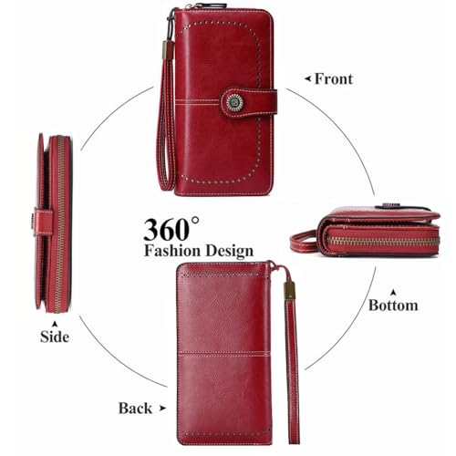 Women Leather Wallet Crossbody Shoulder Bag with Double Zipper and Mobile Phone Purse with Shoulder Strap - color: 665-red