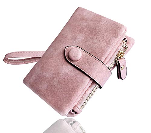 AOXONEL Women's Small Bifold Leather wallet Rfid blocking Ladies Wristlet with Card holder id window Coin Purse - color: Pink