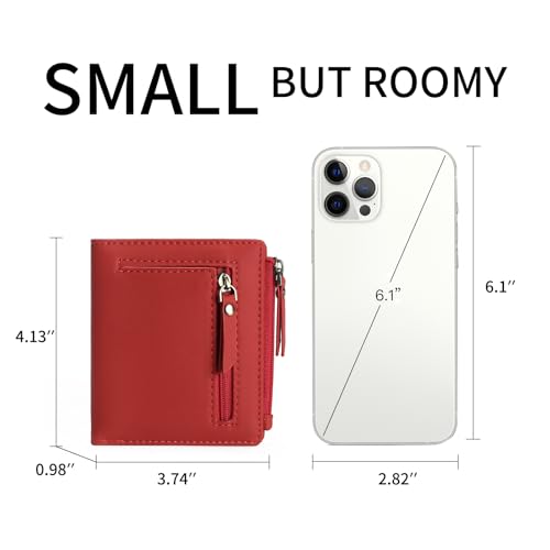 GOIACII Small Women's Wallet Compact Bifold Credit Card Holder Mini Ladies Purse with 2 Zipper Coin Pockets - color: D02 Red