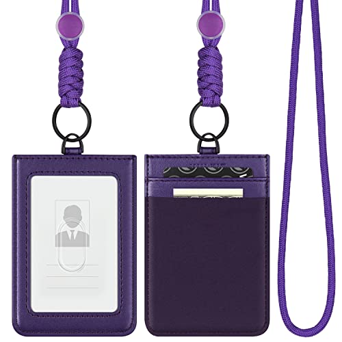 VULKIT ID Badge Holder with Lanyard for Women and Men Vertical Leather Badge Holder with Clear ID Window Card Holder Slot and Money Pocket Purple - color: Purple