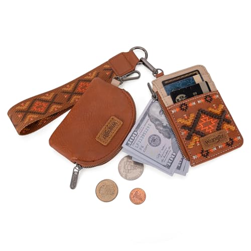 Wrangler Western Keychain Wristlet Wallets for Women Retro Dual Pouch Wristlet Credit Card Holder Wallet with Zipper Pocket WG2214-W0051BR - color: Aztec-Brown