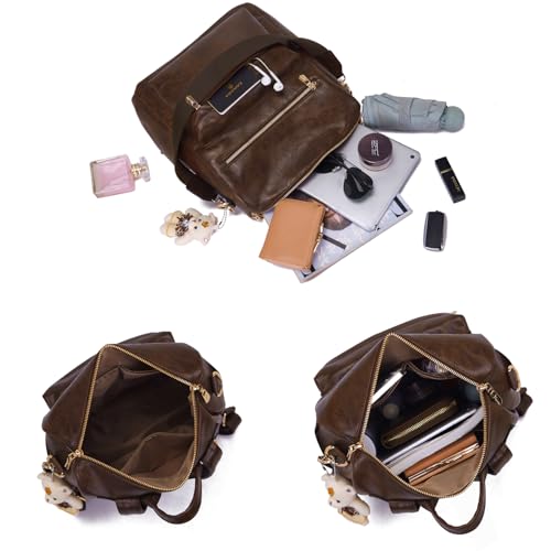 Soperwillton Women Backpack Purse Shoulder Handbags Travel Bag Set 2pcs | Soft PU Leather,Large Capacity,Many Pockets,with a Functional Wallet,with a Detachable Shoulder Strap,Multipurpose Design - color: Darkcamel