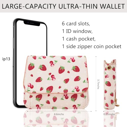 Keychain Wallet for Women,RFID Wristlet Wallet with Beaded Strap | Tri-Fold Design,6 Card Slots,ID Window,Zipper Coin Pocket,Lightweight Carry - color: Strawberry