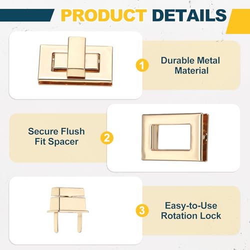 M METERXITY 4Pcs Purse Twist Lock (1.26 x 0.79 Inches, Light Gold)- Rectangular Purse Closure Twist Turn Lock Clasp Metal Clip Hardware Apply to DIY Handbag/Purse/Wallet/Leather Craft - color: Light Gold, size: 1.26 x 0.79"