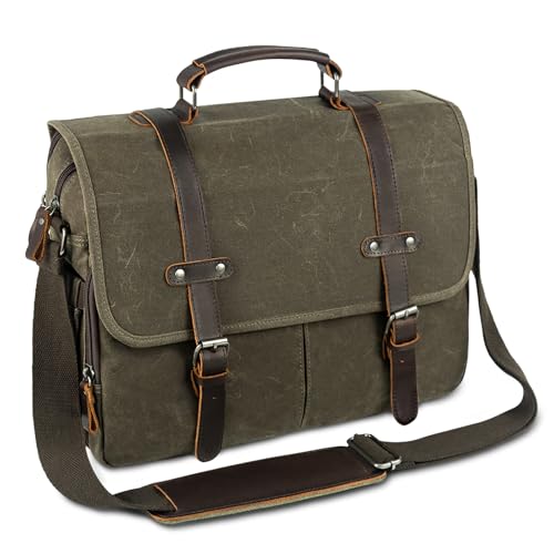 Vintage Men Laptop Bag, 15.6 Inch Messenger Bag Leather Waxed Canvas | Briefcase Large Computer Laptop Bag Briefcase Satchel Handbags Crossbody Bags Water Resistant Work Business Travel - color: Green