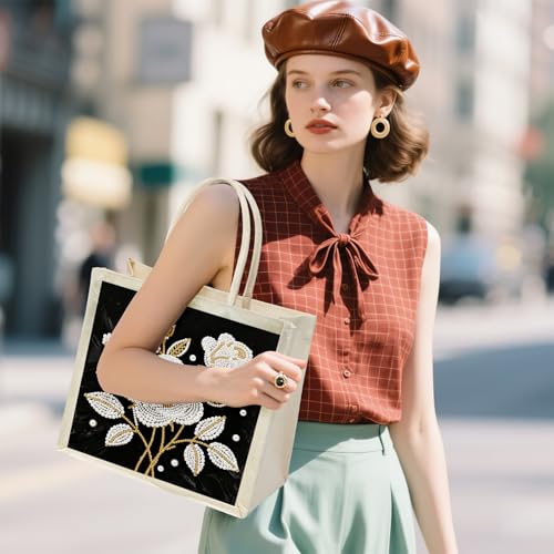 Xylzzuit DIY Pearl Painting Canvas Tote Bag Kit 11.42IN Diamond Art Handbag for Women Shopping Grocery Bag Dots Beads Art Craft Gift (Flower03) - color: Flower03