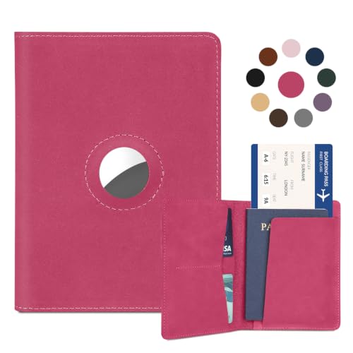 Airtag Passport Holder for Women Men Travel, Real Leather Passport Wallet, Handmade Passport Cover Case with Airtag Slot, Travel Must Haves Essentials Accessories Birthday Gifts(Crazy Horse, Rose Red) - color: Rose Red