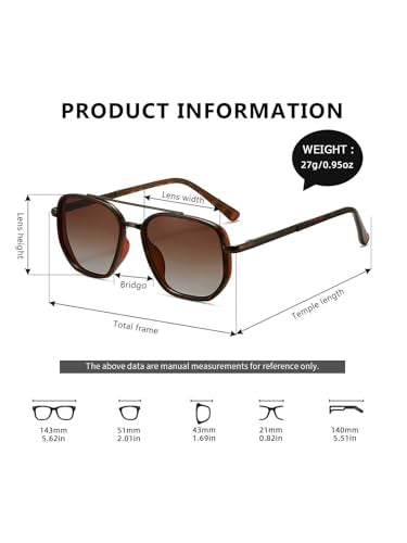 kimorn Women's Tangle Free Aviator Sunglasses, Polarized UV400 Protecion | Retro Square Frame Shades, Small-Medium Fit, Driving, Beach, Daily Wear - color: Brown Tortoise+brown Grading