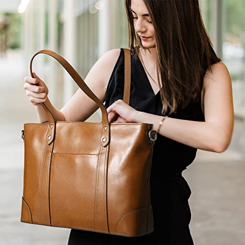 S-ZONE Leather Tote Bag for Women Large Work Shoulder Handbag with Zipper - color: Light Brown