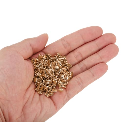 HARFINGTON 100 Sets Double Cap Leather Rivets, 6x8mm Round Cap Tubular Metal Studs Leather Crafting Rivets for Fabric Belt Pet Collar Boot Bag Repair and Decoration, Light Gold - color: Light Gold, size: 6x8mm