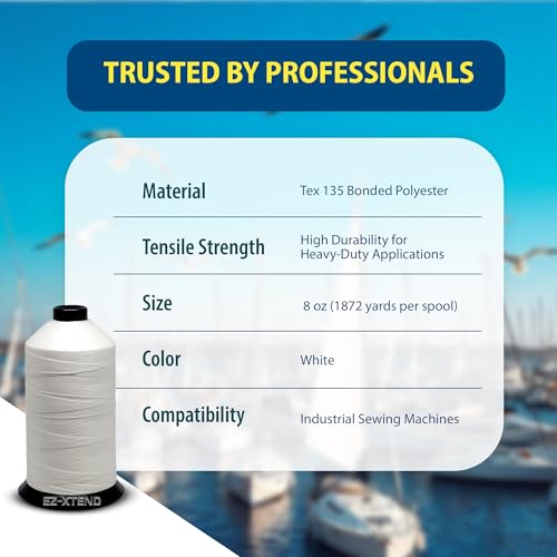 EZ-Xtend #138 Bonded Polyester Thread 100% American Made for Outdoor and Marine Fabric Sewing Applications, Awnings, Tarps, Canvas. for Heavy Duty and Industrial Sewing Machines (White, 8 oz) - color: White