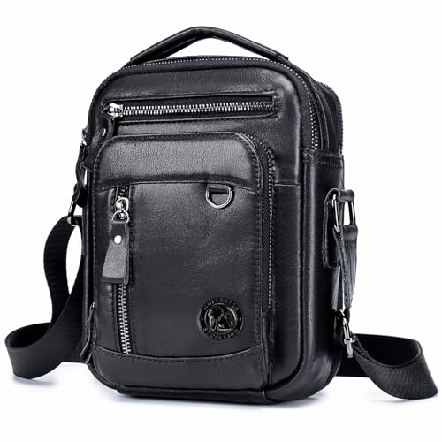 Leather Crossbody Bag for Men with Double Compartments | Genuine cowhide,two roomy sections,adjustable strap,zip closure,ideal for work,commuting,travel and gifts - color: Black-1