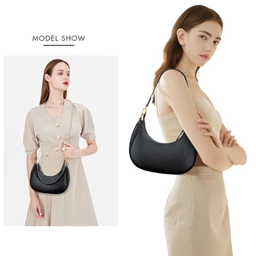 KKXIU Small Shoulder Bag for Women Mini Clutch Purses Cute Hobo Handbags | Classic Trendy Retro Underarm Crossbody Bag with Detachable Straps, Vegan Leather, Zipper Closure - color: Black