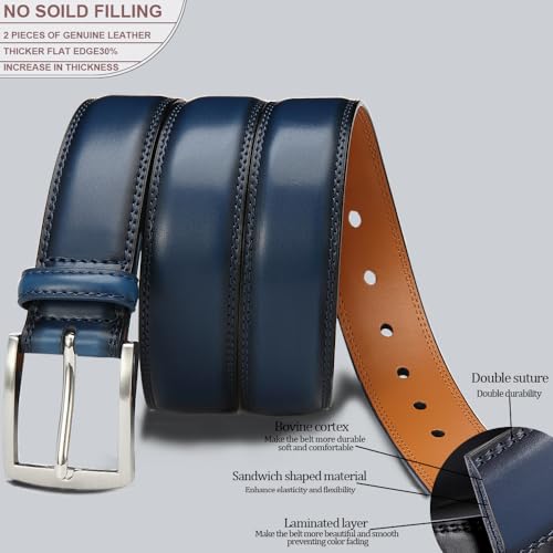 Men's Genuine Leather Dress Belts, 2 Pack, 1.32" Wide, | 100% genuine cowhide leather, handcrafted with classic prong buckles for business, casual, office, suit, jeans and daily wear - color: 03 Black Belt/Blue Belt, size: Fits 30" to 34" waist