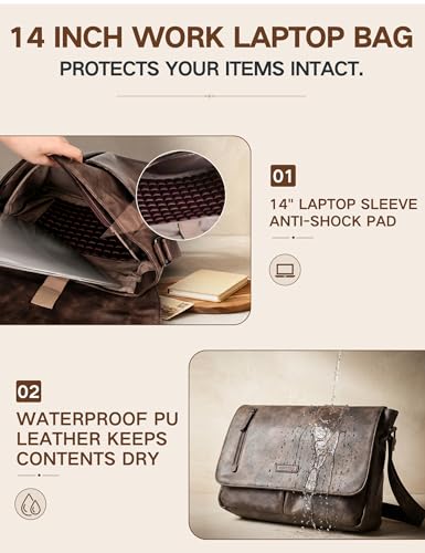 VX VONXURY Messenger Bag for Men, PU Leather Laptop Briefcase Bag for Work | Shoulder Bag for Office, Fits 14" Laptop, Vintage Satchel Bag with Padded Shoulder Strap, Padded Laptop Sleeve, Waterproof - color: 14inch Coffee