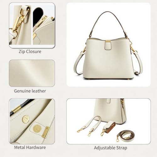 Leather Bucket Bag for Women, Soft Crossbody Top-handle Purse | Small Tote Handbag with 3 Style Detachable Straps, Spacious Daily Handbag for Work Outing Daily Use - color: White