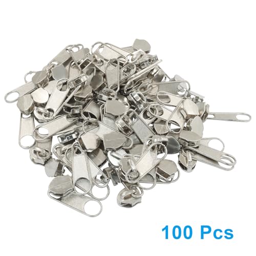 Piutouyar 100 Pack #5 Zipper Sliders Replacement, Silver | Zipper Pulls Bulk, For Nylon Coil Zippers Repair Kits, For Luggages Jacket Purses Bags