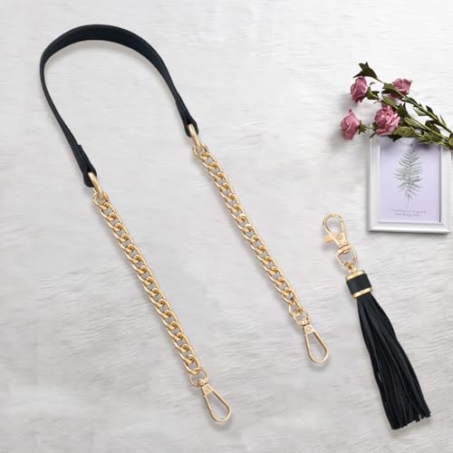 PU Leather Purse Chain Strap with Tassel Pendant 24 Inch Microfiber Leather Bag Chain Replacement Flat Handbag Handle for Women Shoulder Crossbody Bag Handbag DIY Crafts(Black Gold) - color: Black;gold