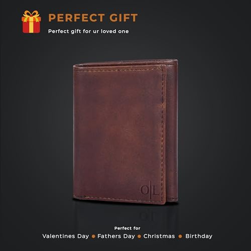 Trifold Leather Wallet for Men - RFID Slim Minimalist Front Pocket 6 Slots - color: Wash Brown