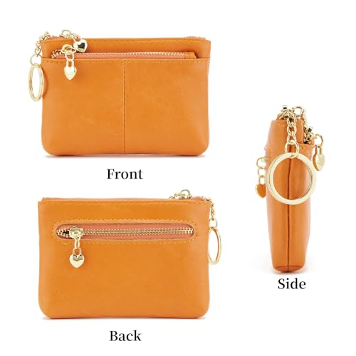 Women PU Leather Zip Mini Coin Purse With Key Ring Triple Zipper Card Holder Wallet (Orange) - color: Orange
