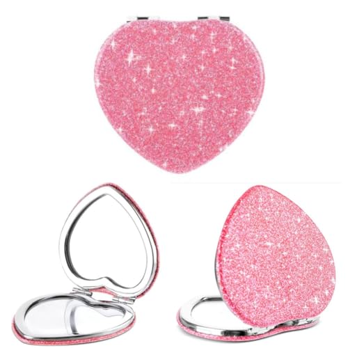 Cute Heart Shaped Compact Mirror for Women,Magnifying Travel Mirror with Glitter,Pink Small Pocket Mirror,Portable 2 x 1x Magnification Folding Makeup Mirror,Cosmetic Mirror for Gift - color: Pink-heart Shape