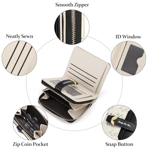 GAEKEAO Small Wallets Woman RFID Blocking Vegan Leather Bifold Floral Ladies Purse Card Holder with Zipper Pocket ID Window - color: Z-Black